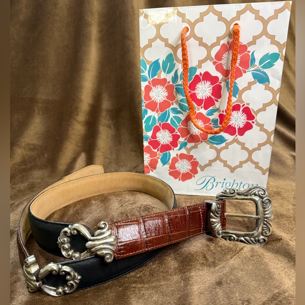 Brighton Belt 2-tone Leather Black Brown Ornate Buckle & Accents - Small